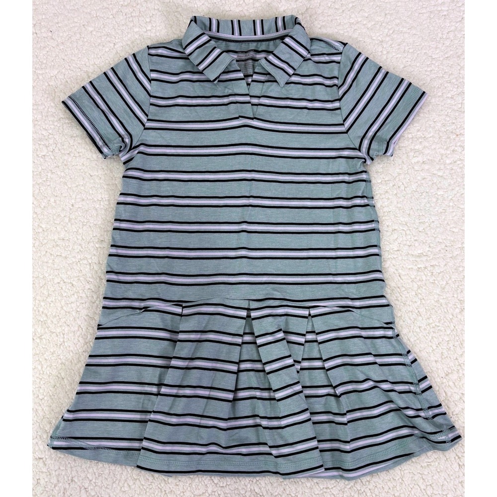 Hanna Andersson Girls Green Striped Pleated Polo Dress Size 120 US 6-7
